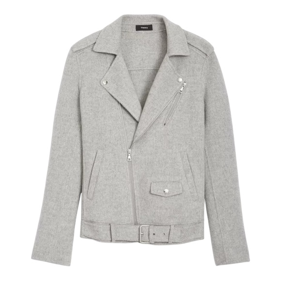 Theory Jackets & Blazers - Theory Wool-Cashmere Belted Moto Jacket in Light Grey – Size M